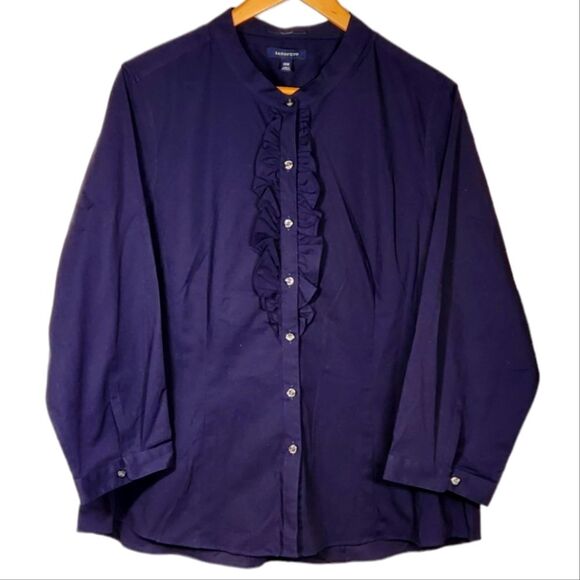 Lands End Shirt Button Down Navy Blue No Iron Ruffle Front Tuxedo Band Collar 18 - Picture 1 of 9